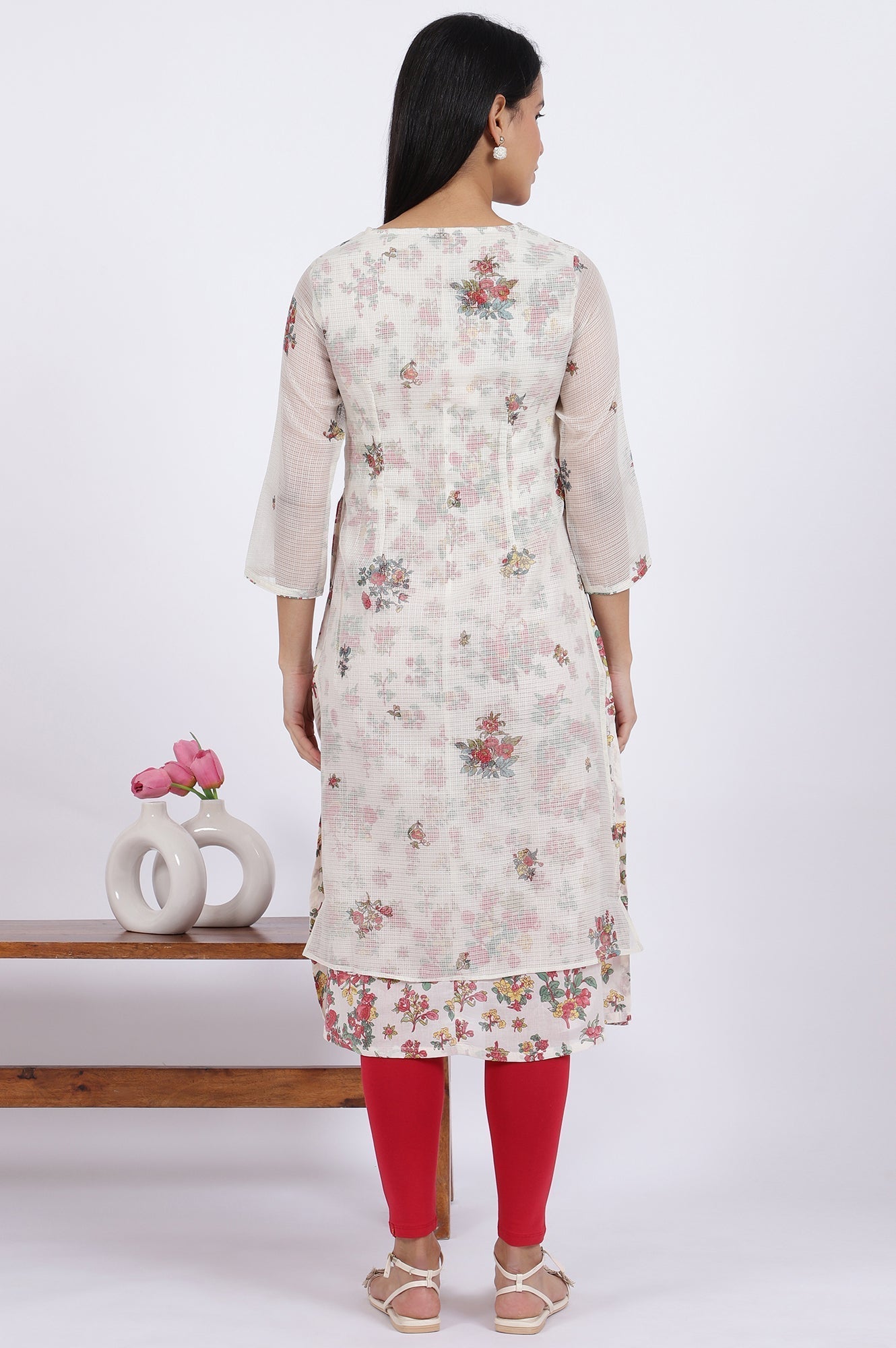 W for Woman White Floral Printed Straight Polyester Kurta