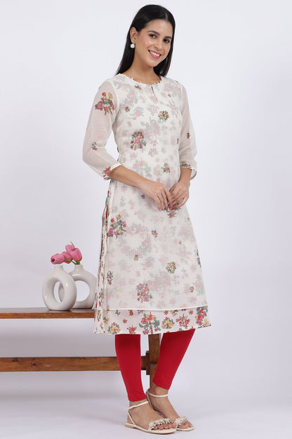 W for Woman White Floral Printed Straight Polyester Kurta