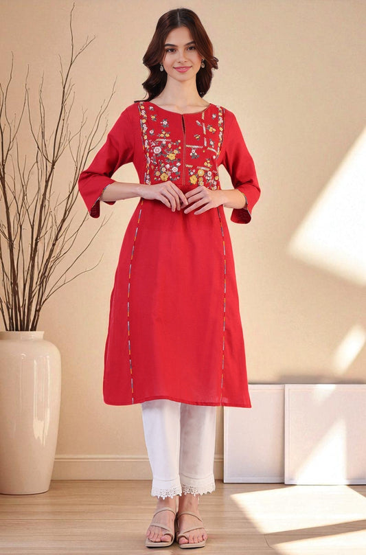 W for Woman Red Solid A-Line Rayon Kurta