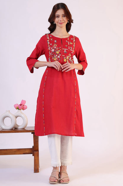 W for Woman Red Solid A-Line Rayon Kurta