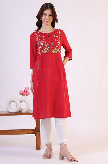 W for Woman Red Solid A-Line Rayon Kurta
