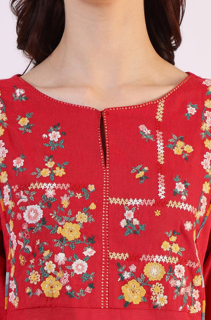 W for Woman Red Solid A-Line Rayon Kurta