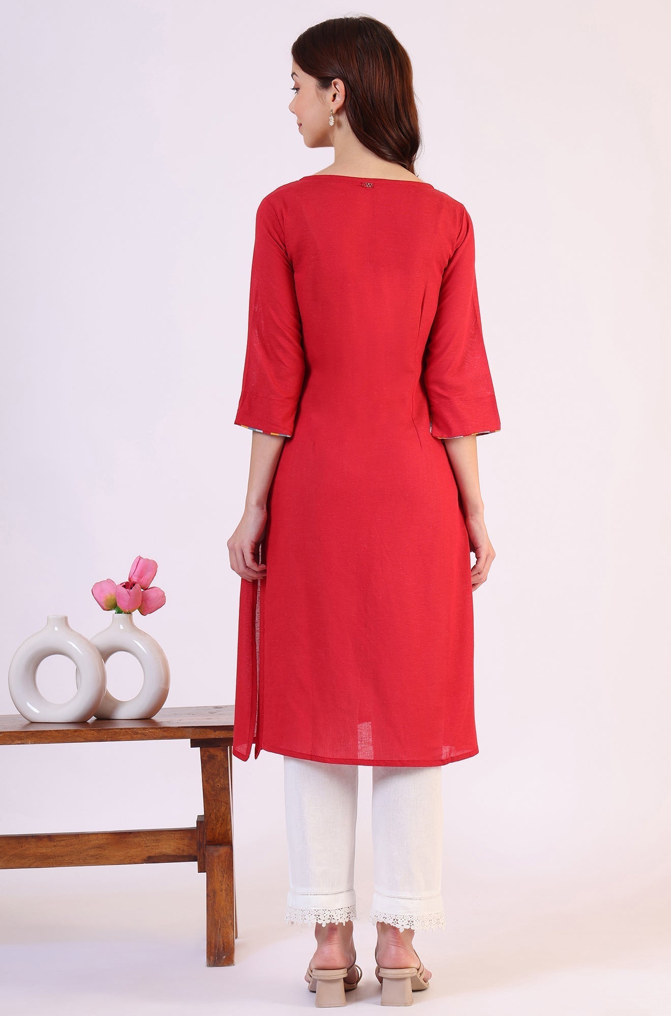 W for Woman Red Solid A-Line Rayon Kurta