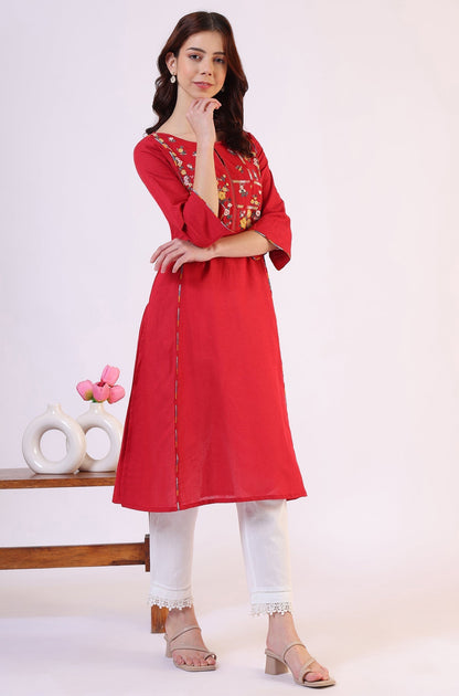 W for Woman Red Solid A-Line Rayon Kurta