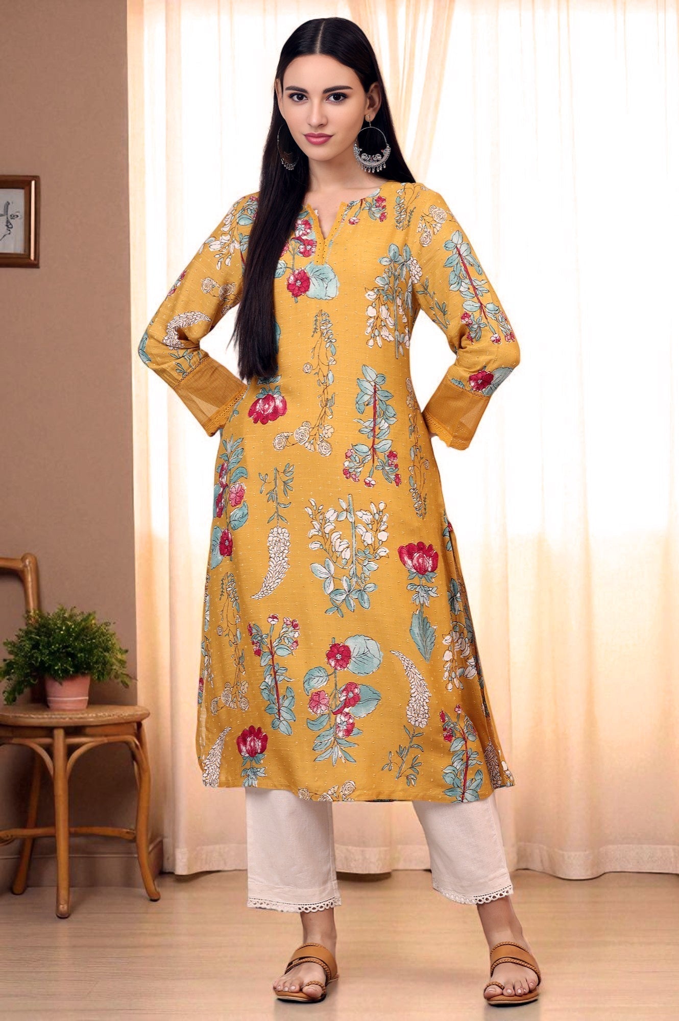 W for Woman Yellow Floral Printed Swiss Dot Straight Kurta