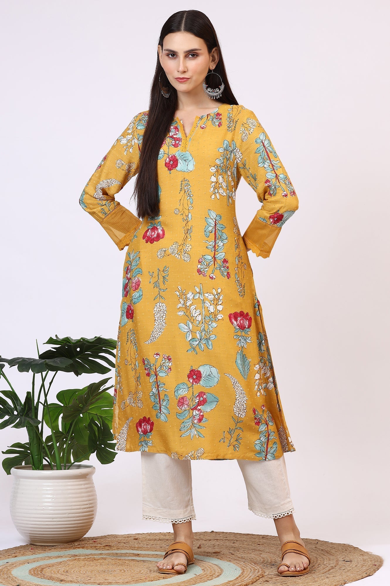 W for Woman Yellow Floral Printed Swiss Dot Straight Kurta