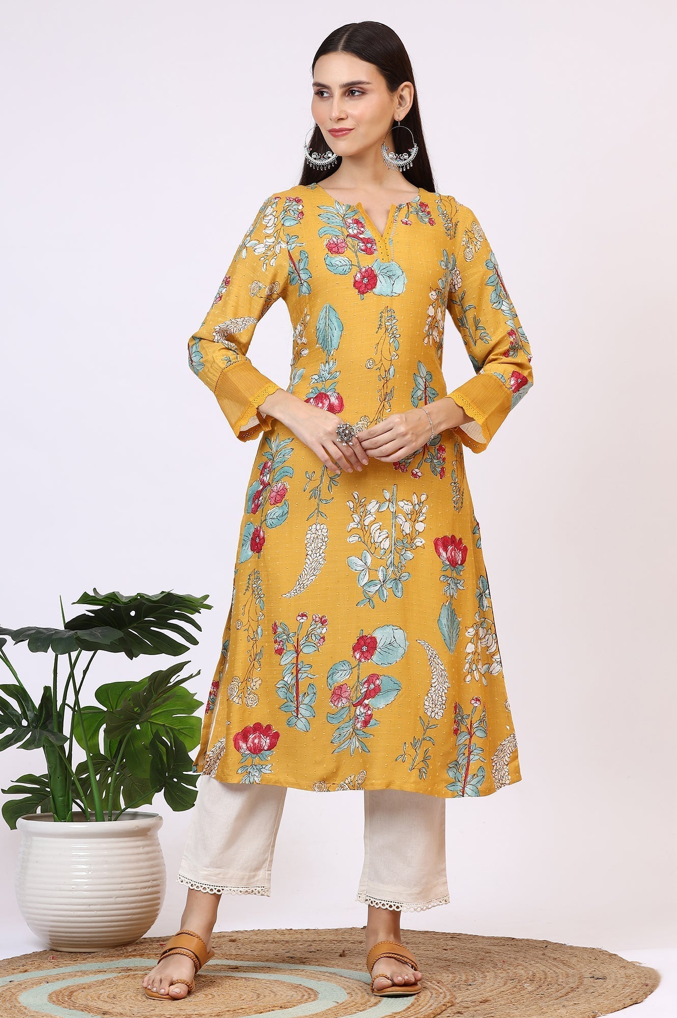 W for Woman Yellow Floral Printed Swiss Dot Straight Kurta