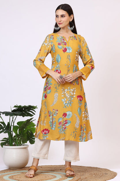 W for Woman Yellow Floral Printed Swiss Dot Straight Kurta