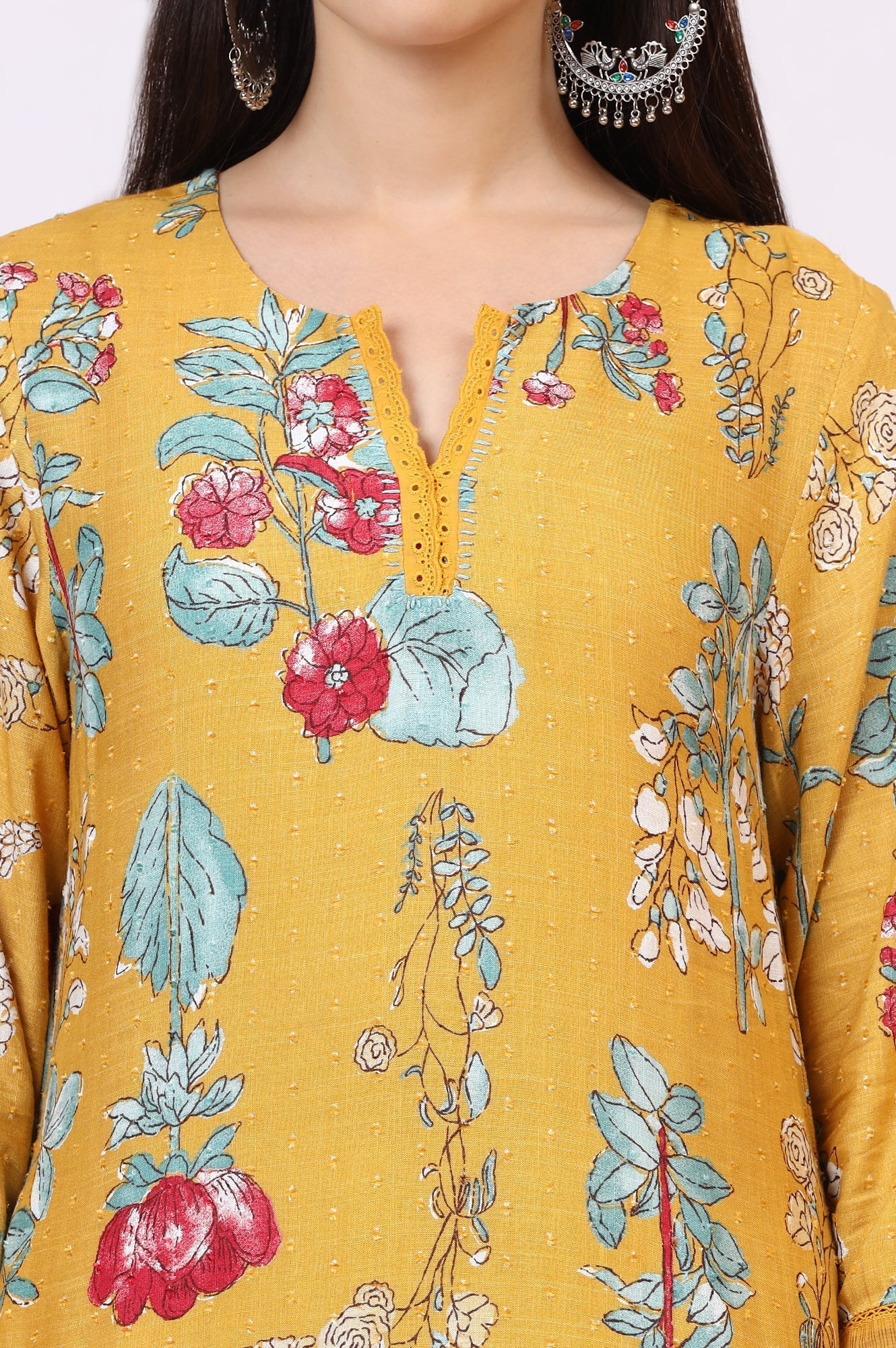 W for Woman Yellow Floral Printed Swiss Dot Straight Kurta