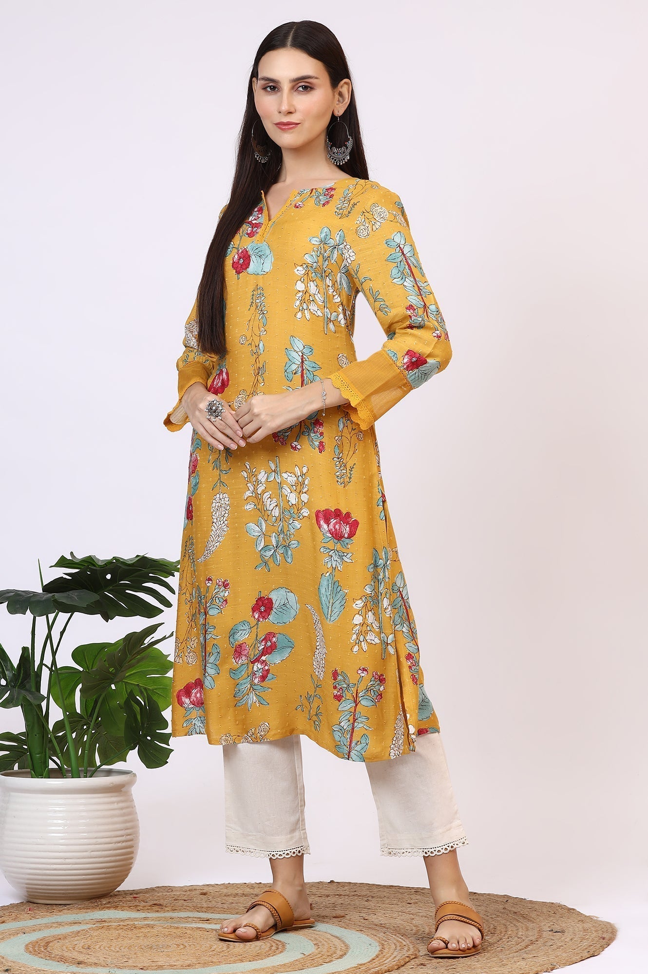 W for Woman Yellow Floral Printed Swiss Dot Straight Kurta