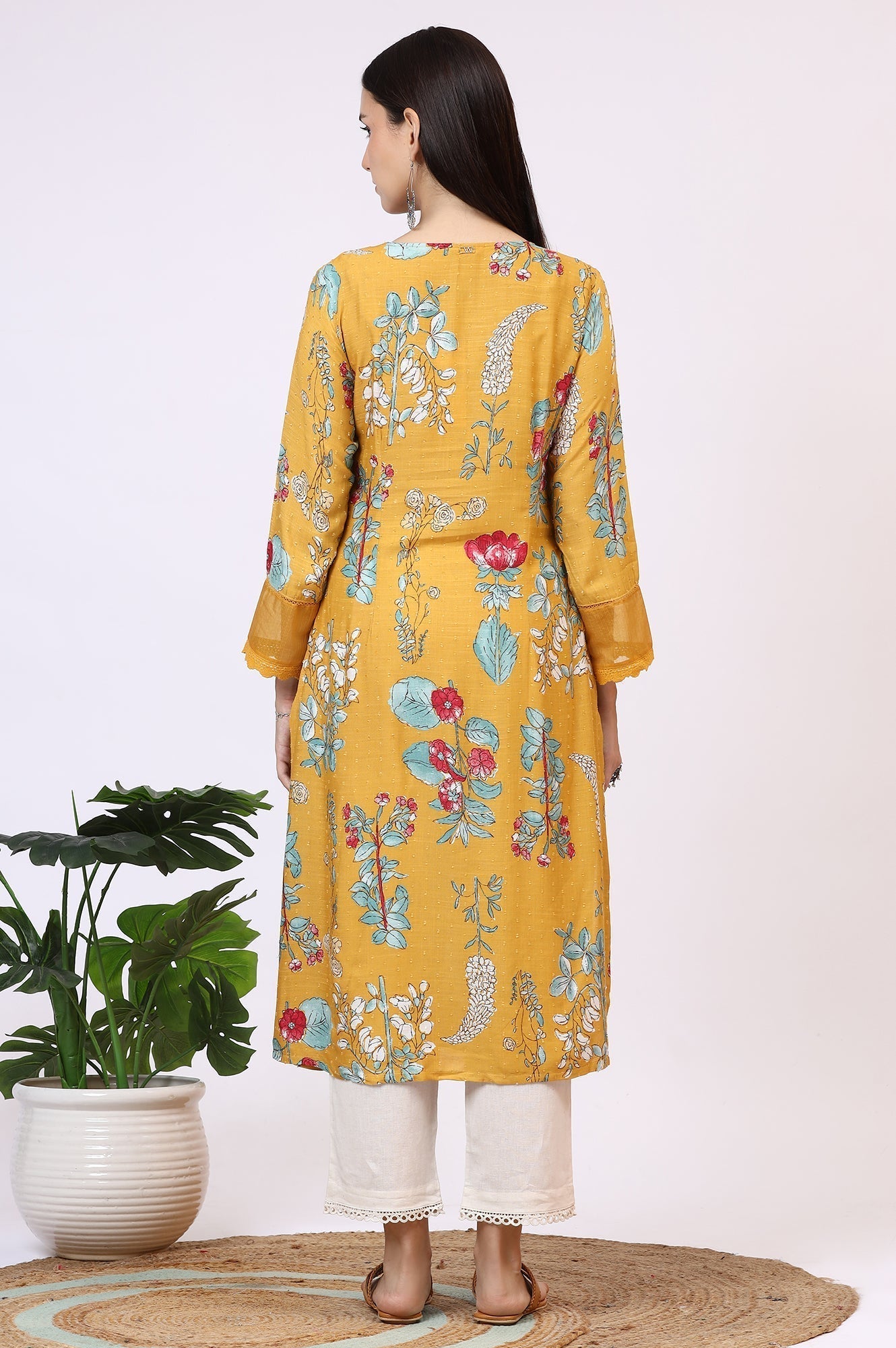 W for Woman Yellow Floral Printed Swiss Dot Straight Kurta