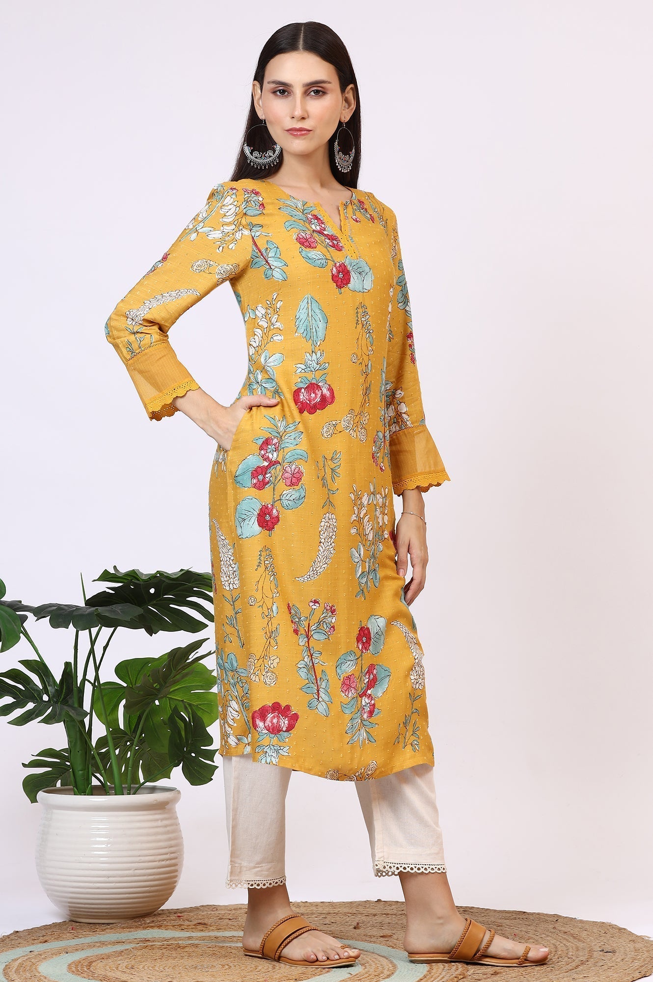 W for Woman Yellow Floral Printed Swiss Dot Straight Kurta
