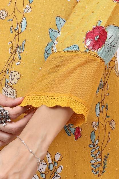 W for Woman Yellow Floral Printed Swiss Dot Straight Kurta