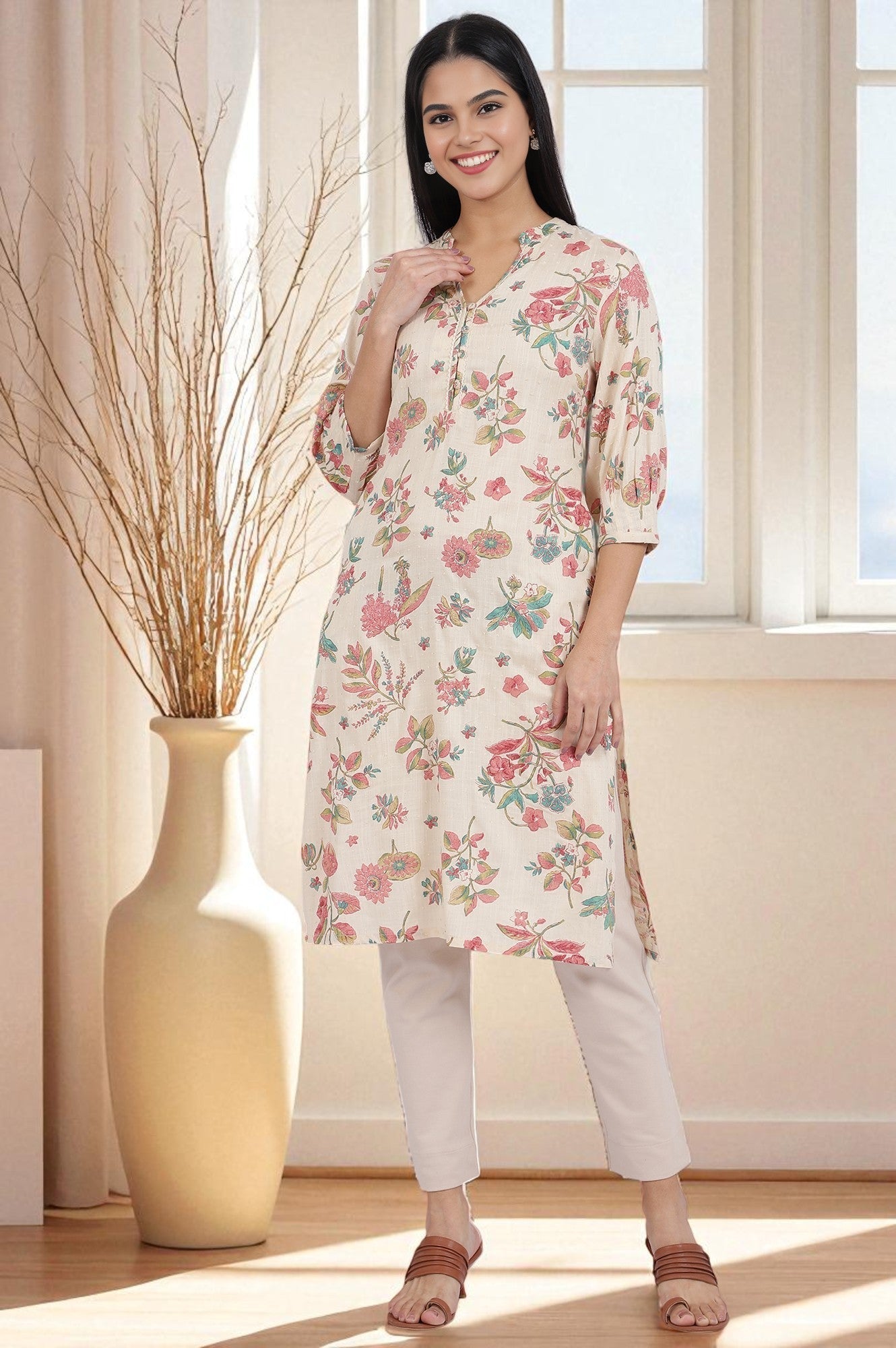 W for Woman Floral Printed Straight Viscose Kurta