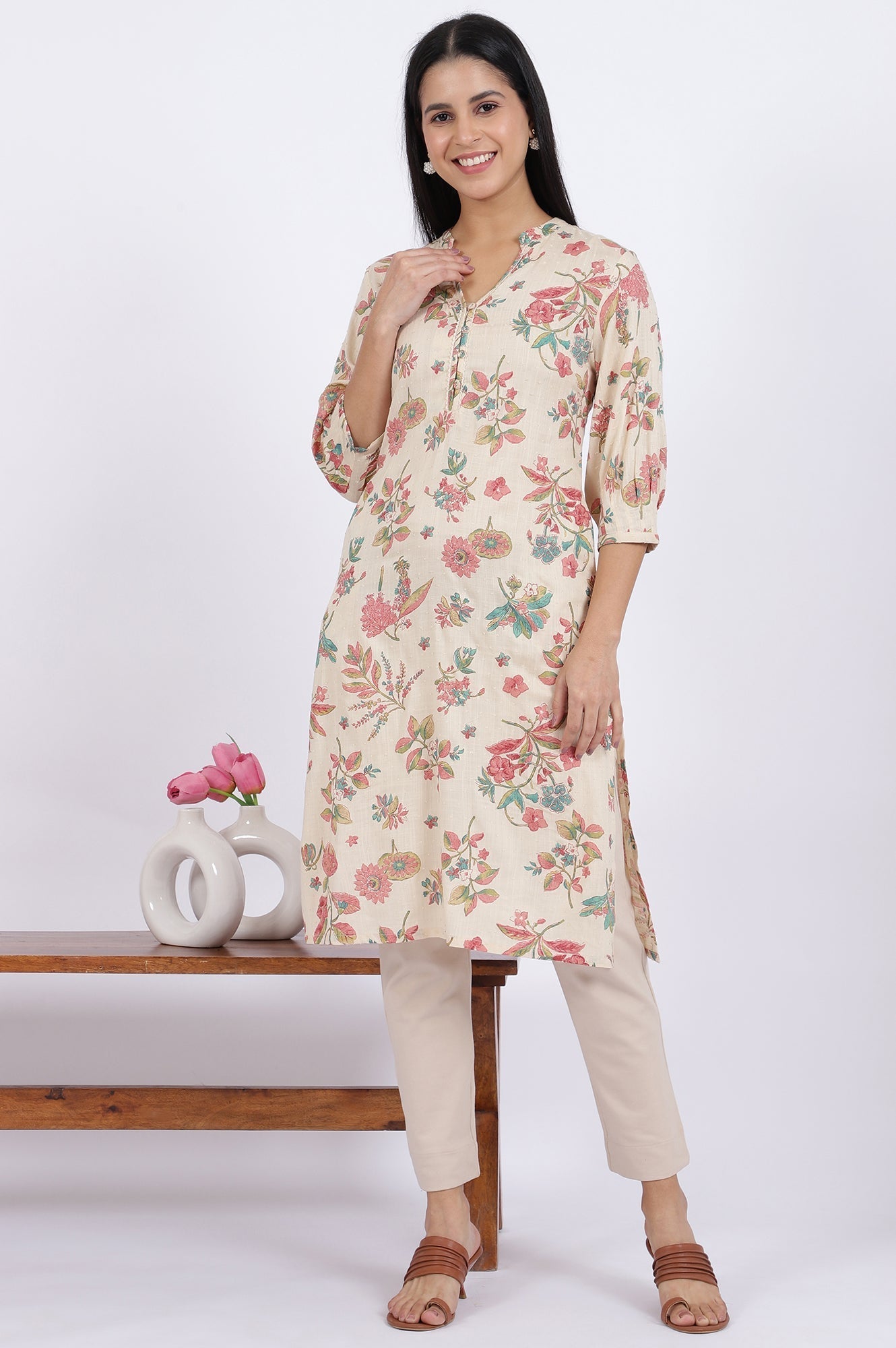 W for Woman Floral Printed Straight Viscose Kurta