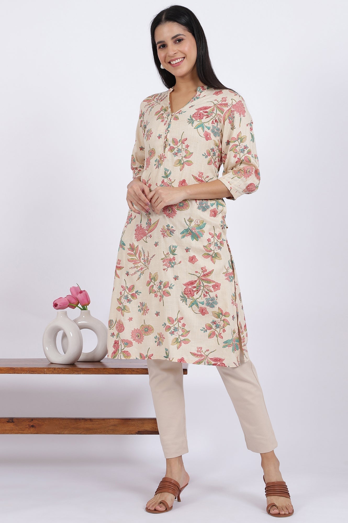 W for Woman Floral Printed Straight Viscose Kurta