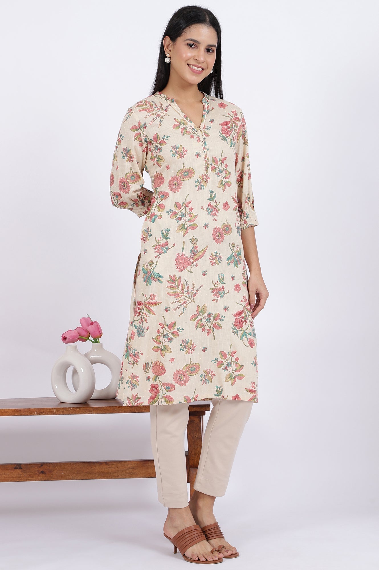 W for Woman Floral Printed Straight Viscose Kurta