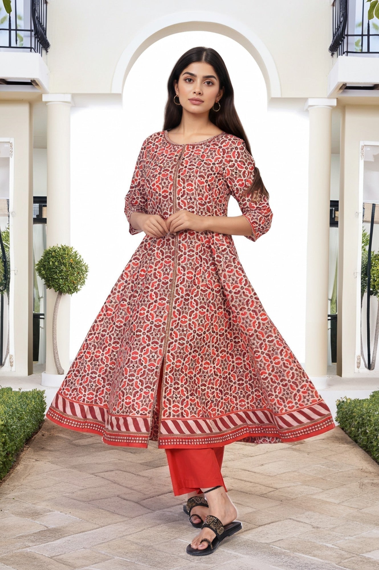 W for Woman Red Geometric Embroidered Anarkali Cotton Kurta