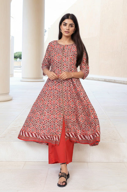 W for Woman Red Geometric Embroidered Anarkali Cotton Kurta