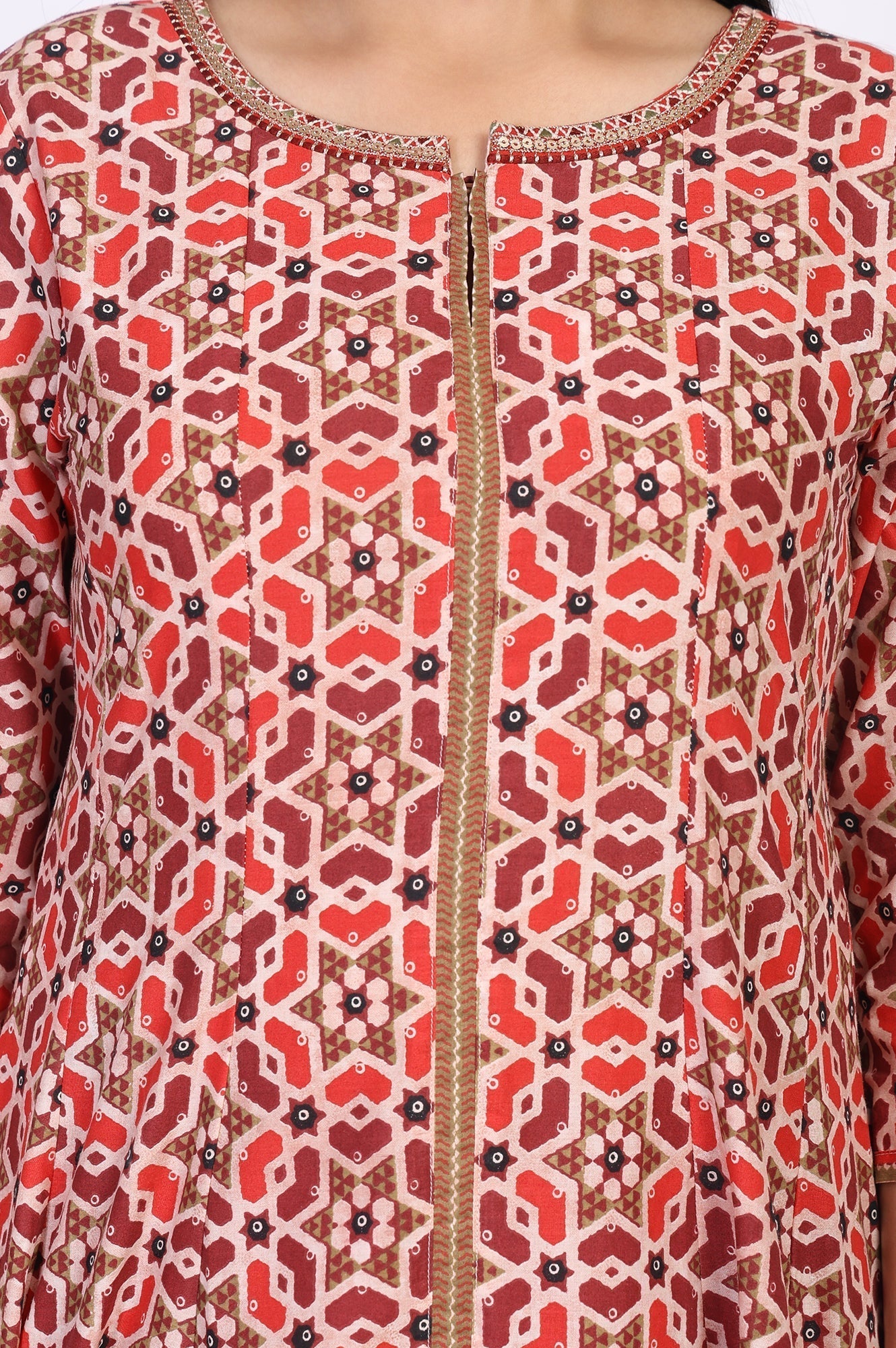 W for Woman Red Geometric Embroidered Anarkali Cotton Kurta