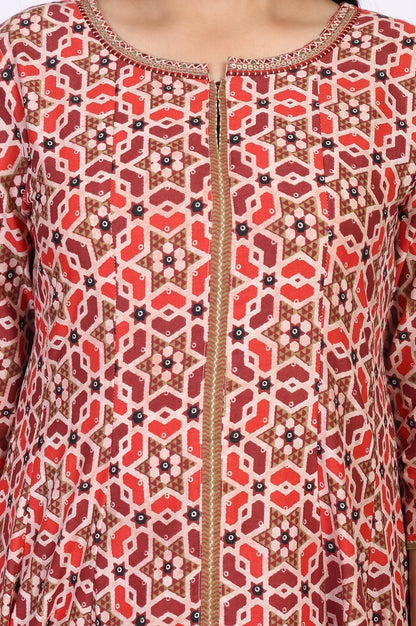 W for Woman Red Geometric Embroidered Anarkali Cotton Kurta
