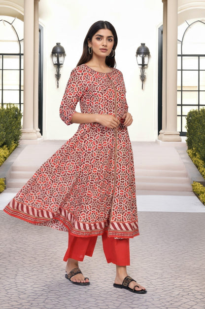 W for Woman Red Geometric Embroidered Anarkali Cotton Kurta