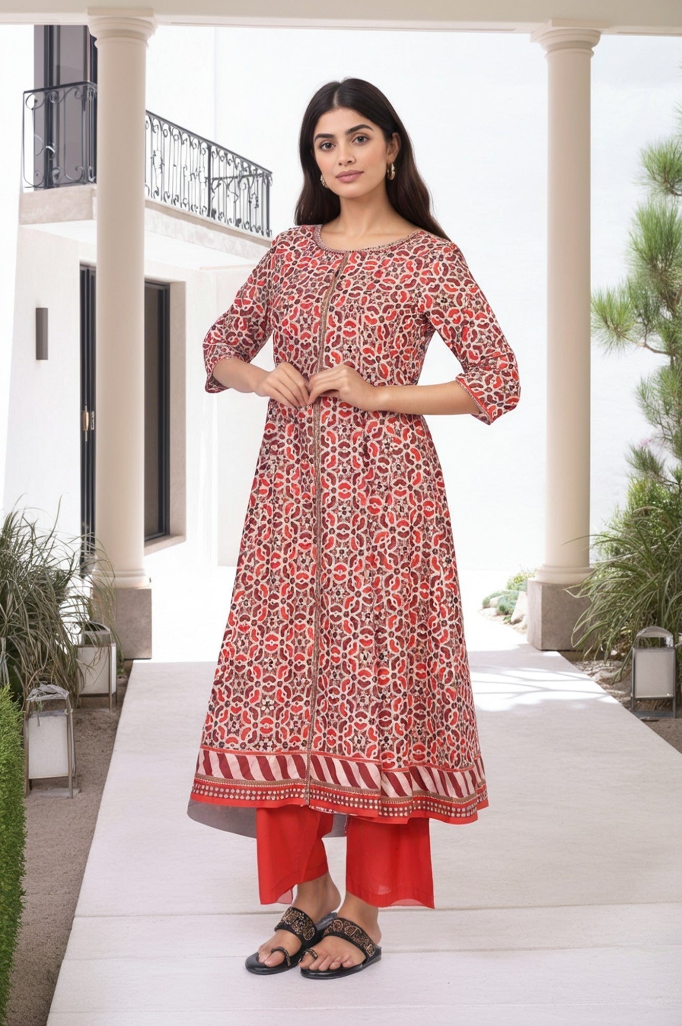 W for Woman Red Geometric Embroidered Anarkali Cotton Kurta