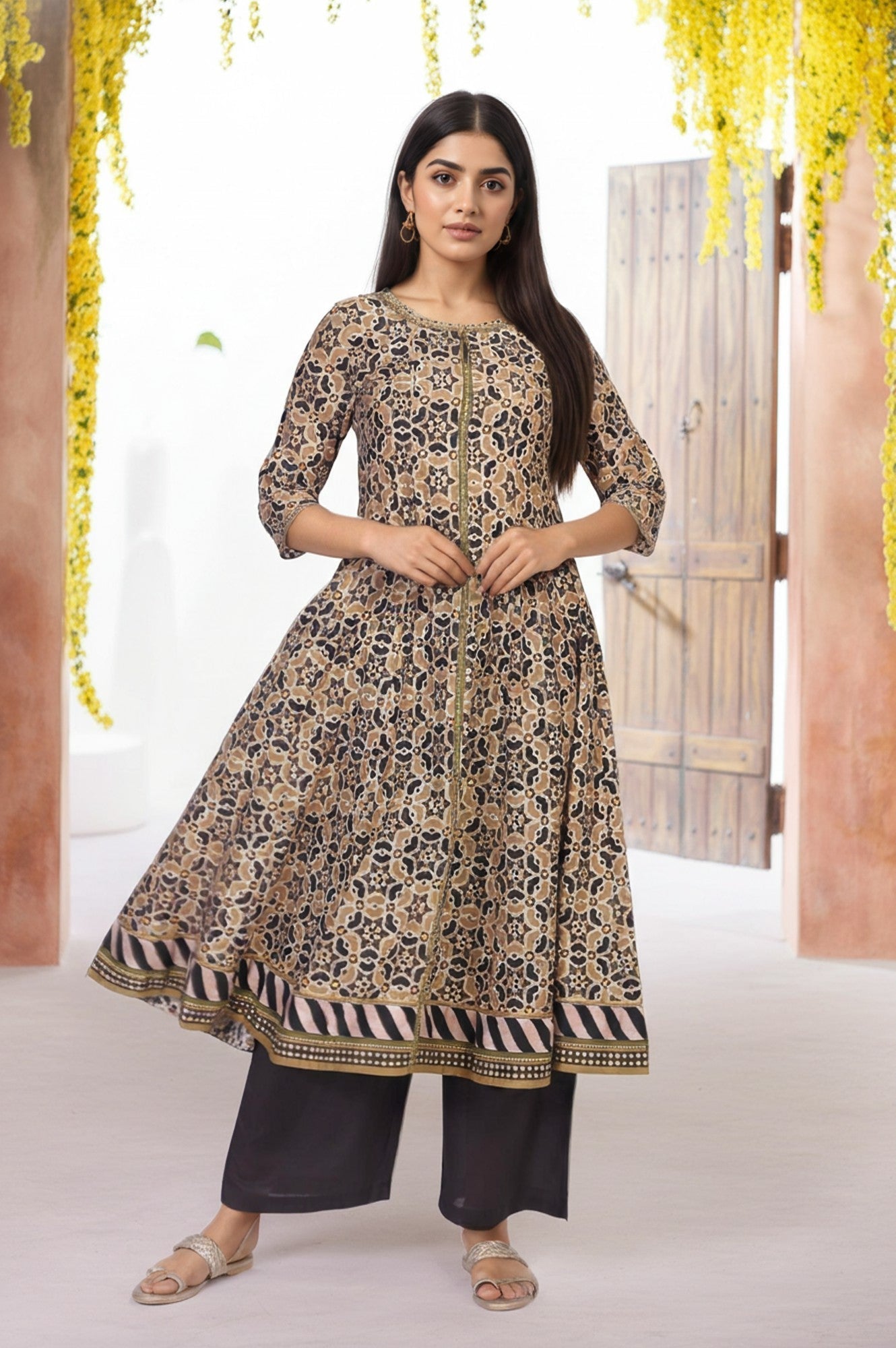 W for Woman Beige Geometric Printed Embroidered Anarkali Cotton Kurta