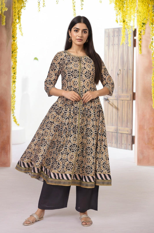 W for Woman Beige Geometric Printed Embroidered Anarkali Cotton Kurta