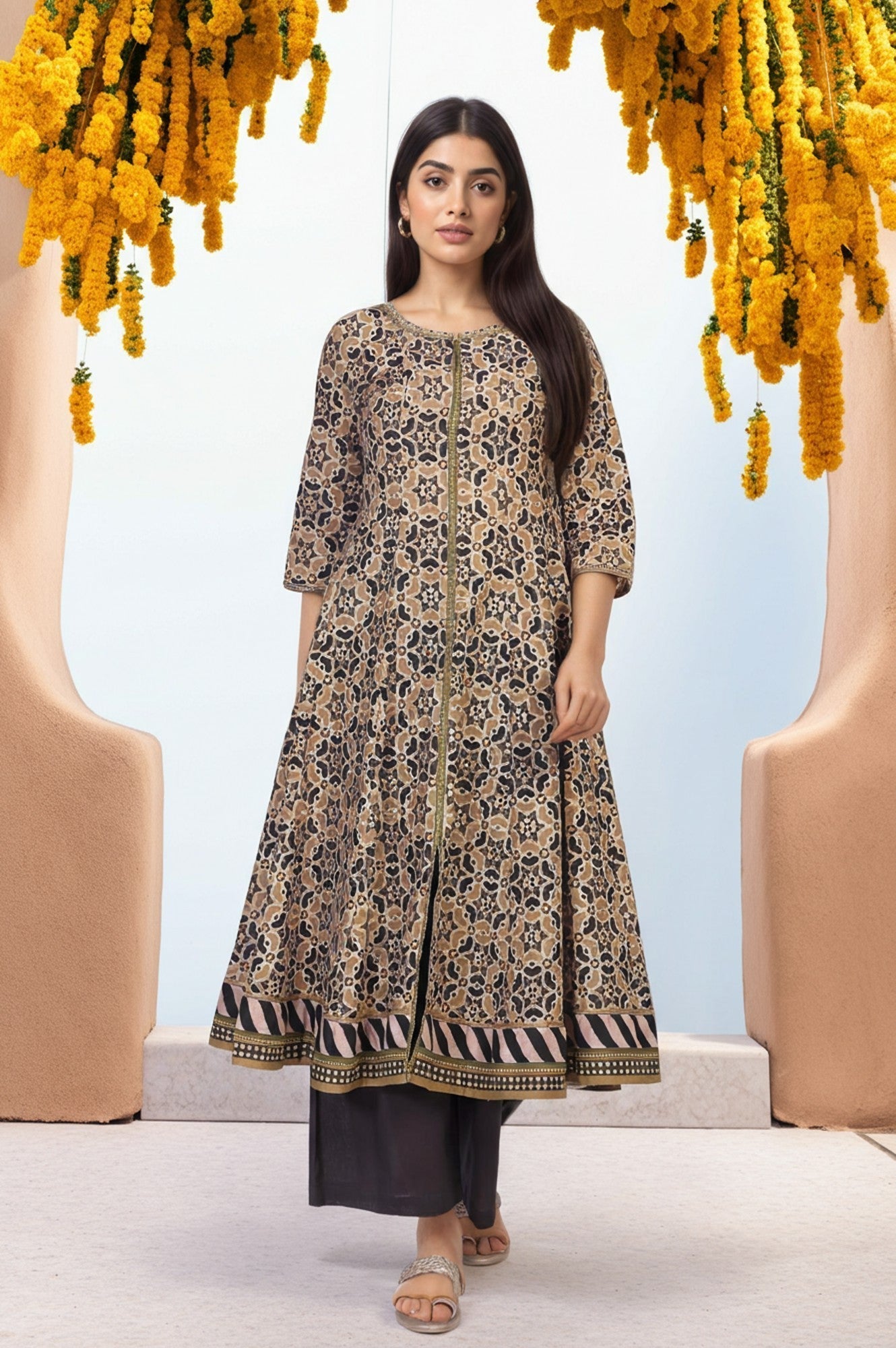 W for Woman Beige Geometric Printed Embroidered Anarkali Cotton Kurta