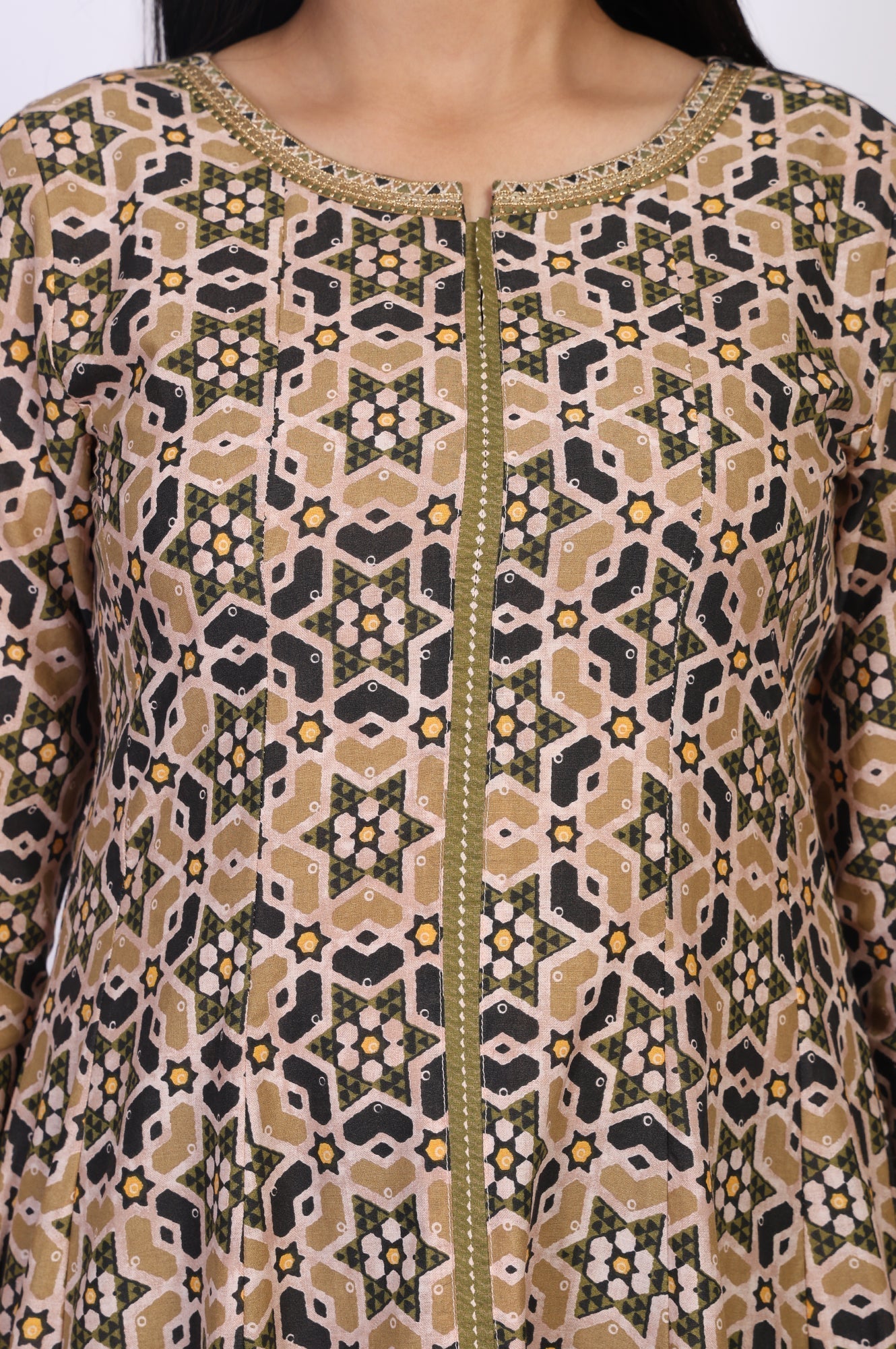 W for Woman Beige Geometric Printed Embroidered Anarkali Cotton Kurta