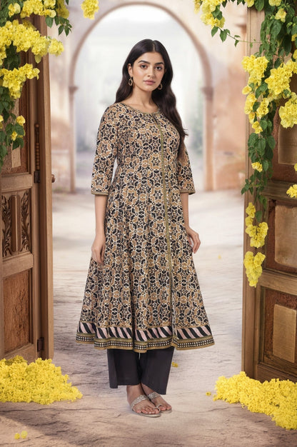 W for Woman Beige Geometric Printed Embroidered Anarkali Cotton Kurta