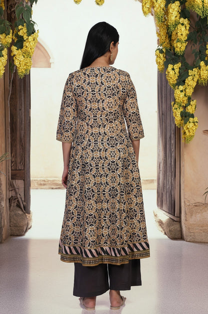 W for Woman Beige Geometric Printed Embroidered Anarkali Cotton Kurta