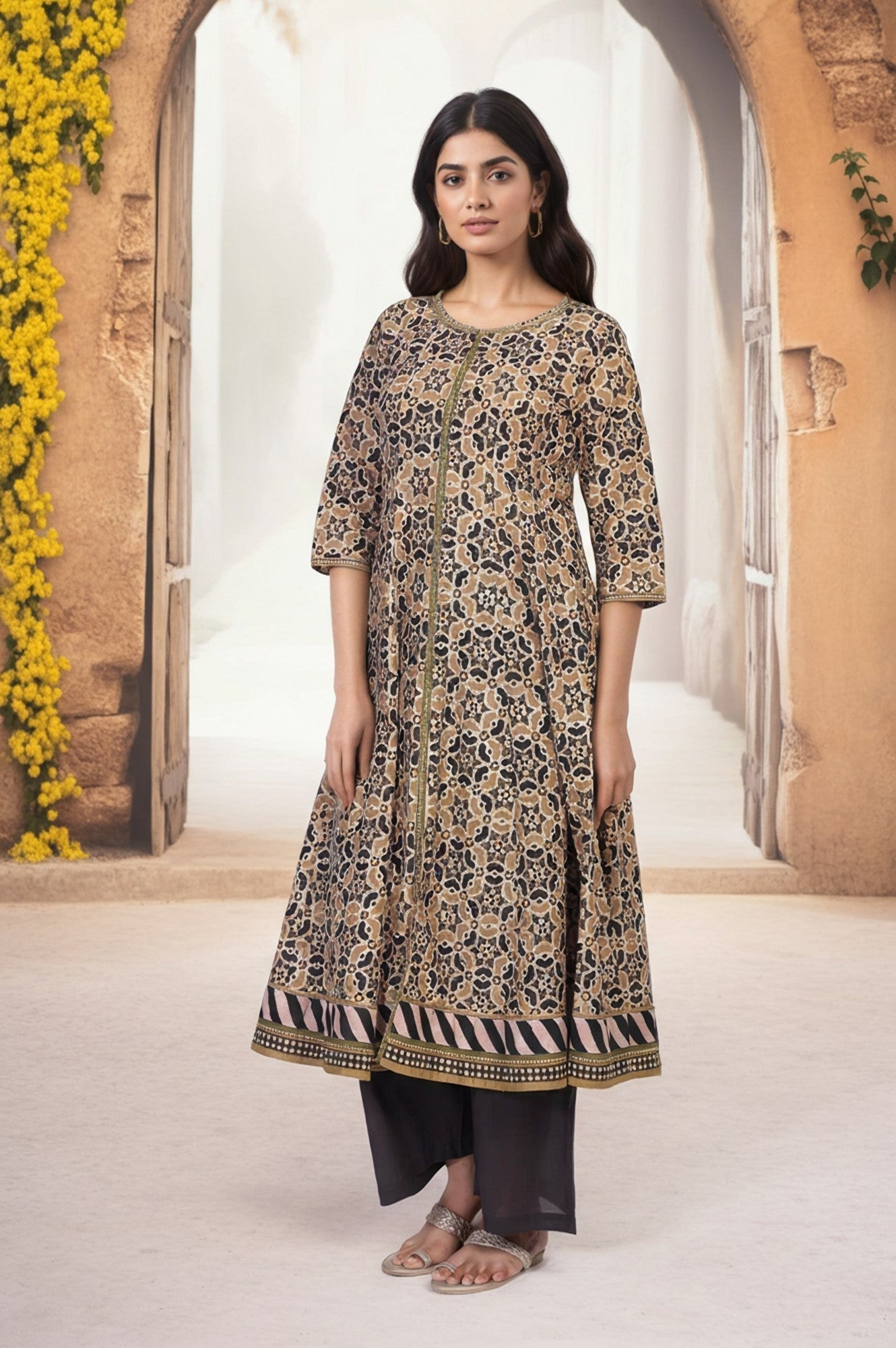 W for Woman Beige Geometric Printed Embroidered Anarkali Cotton Kurta