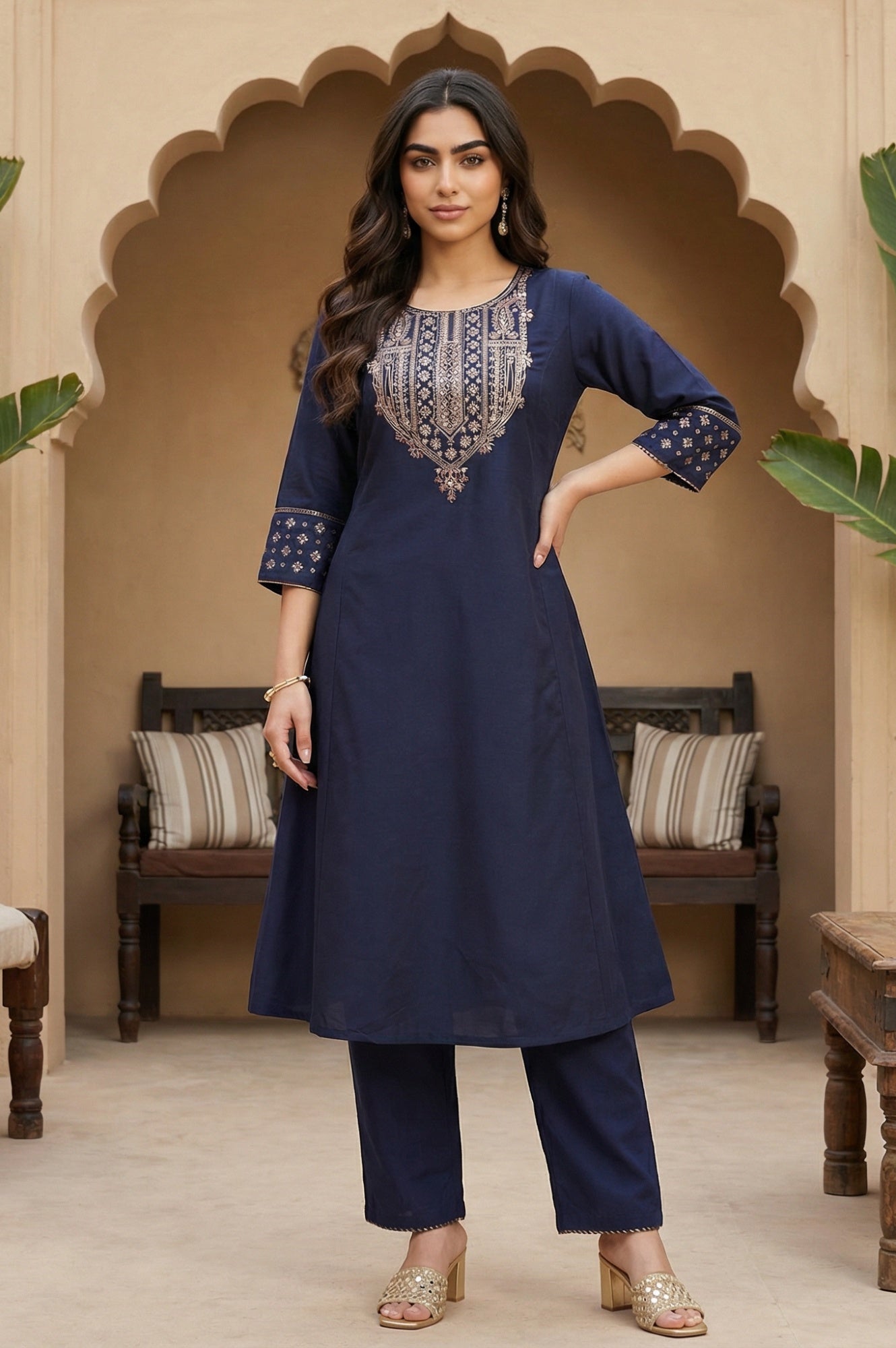 W for Woman Navy Blue Embroidered Straight Kurta