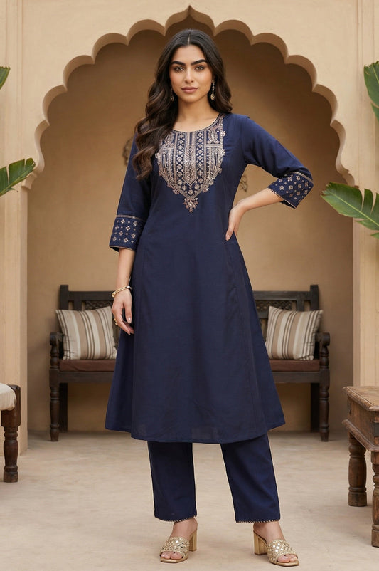 W for Woman Navy Blue Embroidered Straight Kurta
