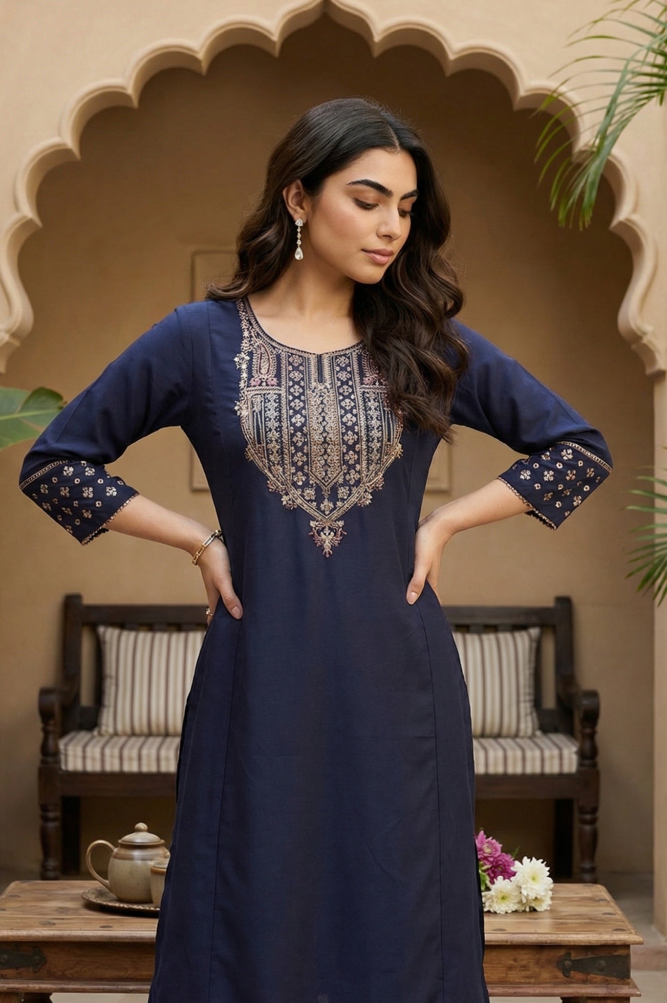 W for Woman Navy Blue Embroidered Straight Kurta