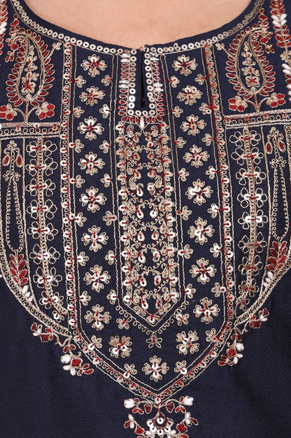 W for Woman Navy Blue Embroidered Straight Kurta