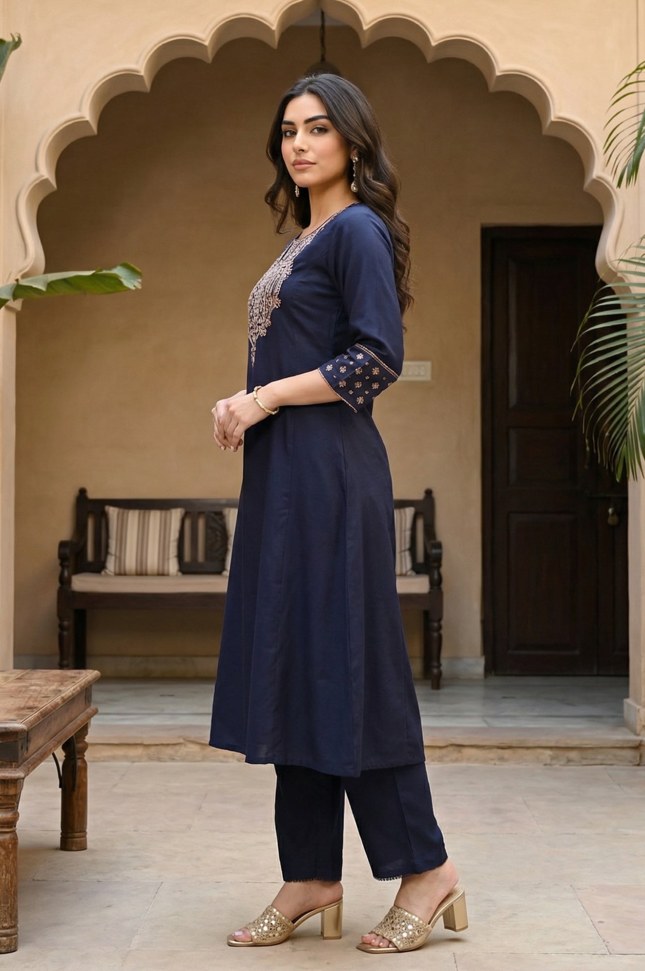 W for Woman Navy Blue Embroidered Straight Kurta