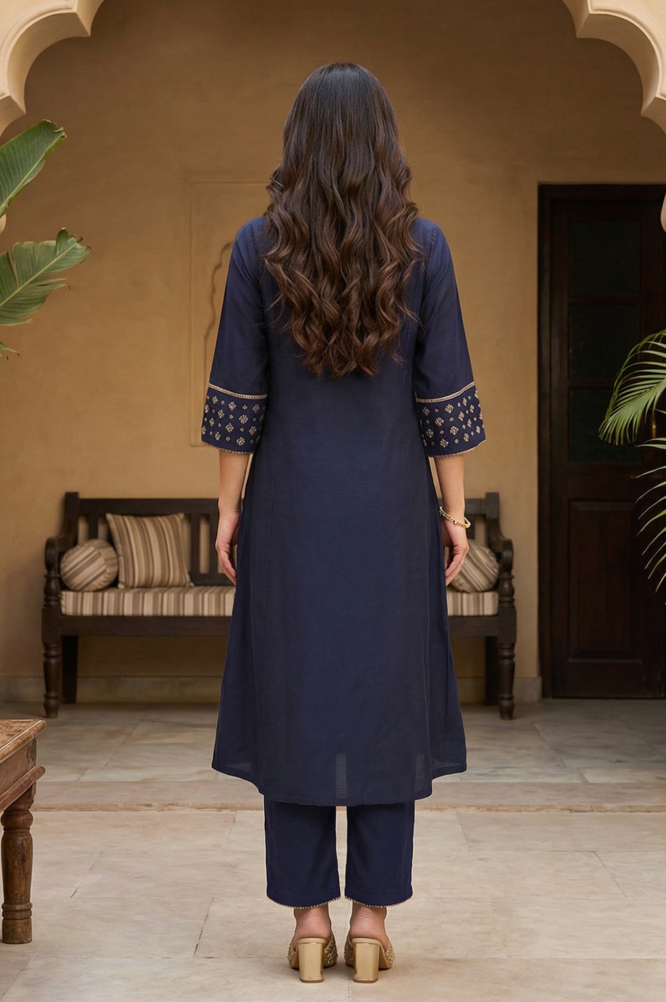 W for Woman Navy Blue Embroidered Straight Kurta