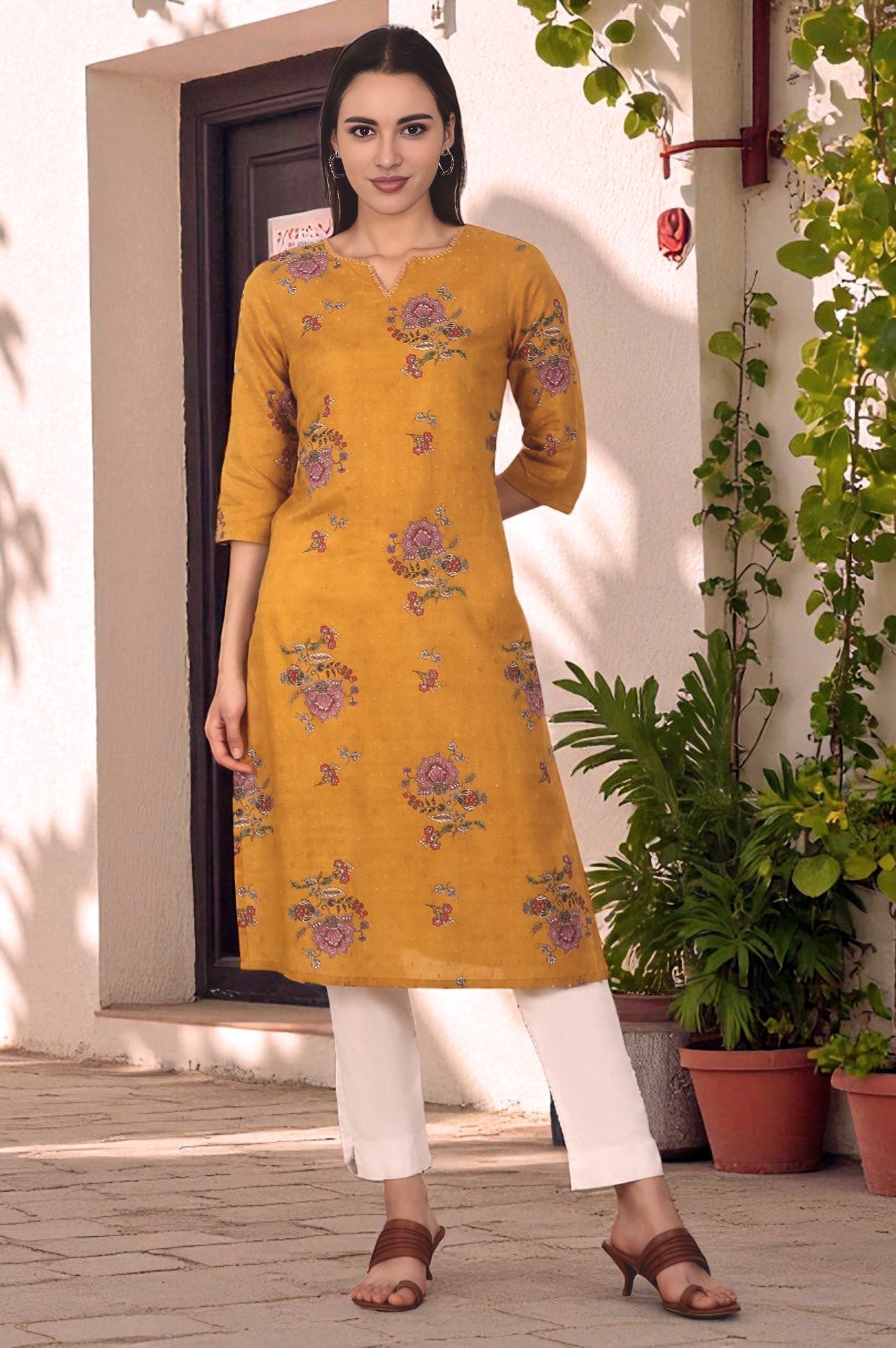 W for Woman Mustard Yellow Swiss Dot Textured Cotton Straight Kurta