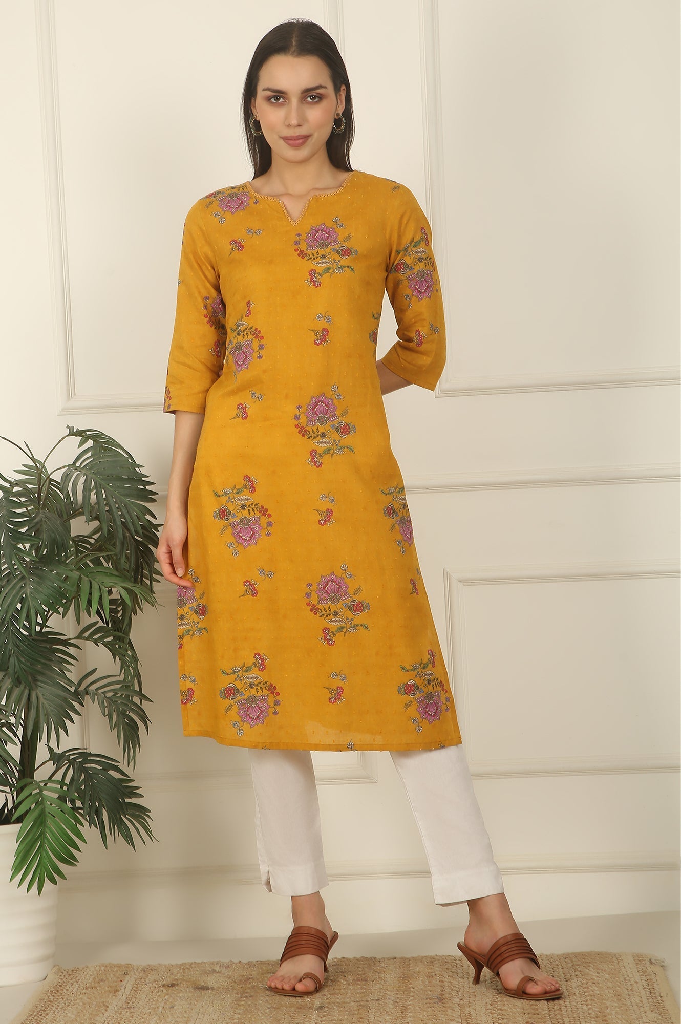 W for Woman Mustard Yellow Swiss Dot Textured Cotton Straight Kurta