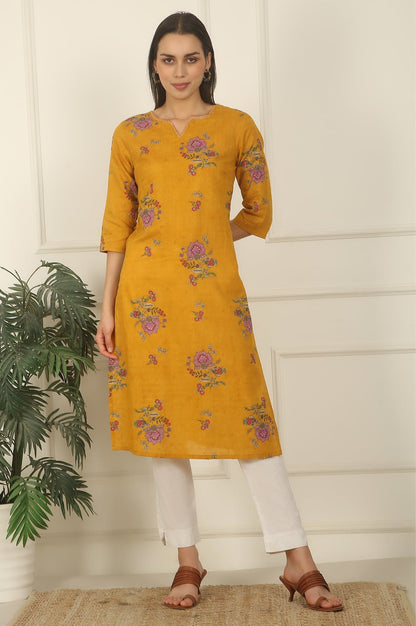 W for Woman Mustard Yellow Swiss Dot Textured Cotton Straight Kurta