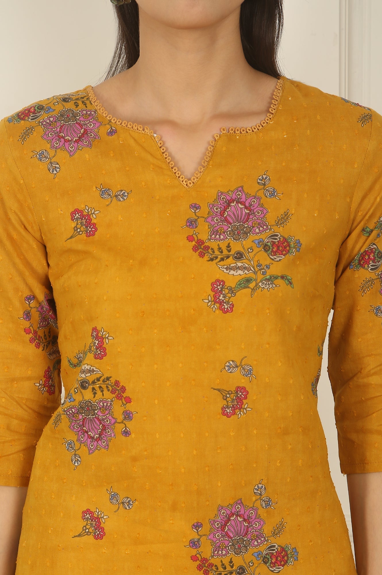 W for Woman Mustard Yellow Swiss Dot Textured Cotton Straight Kurta