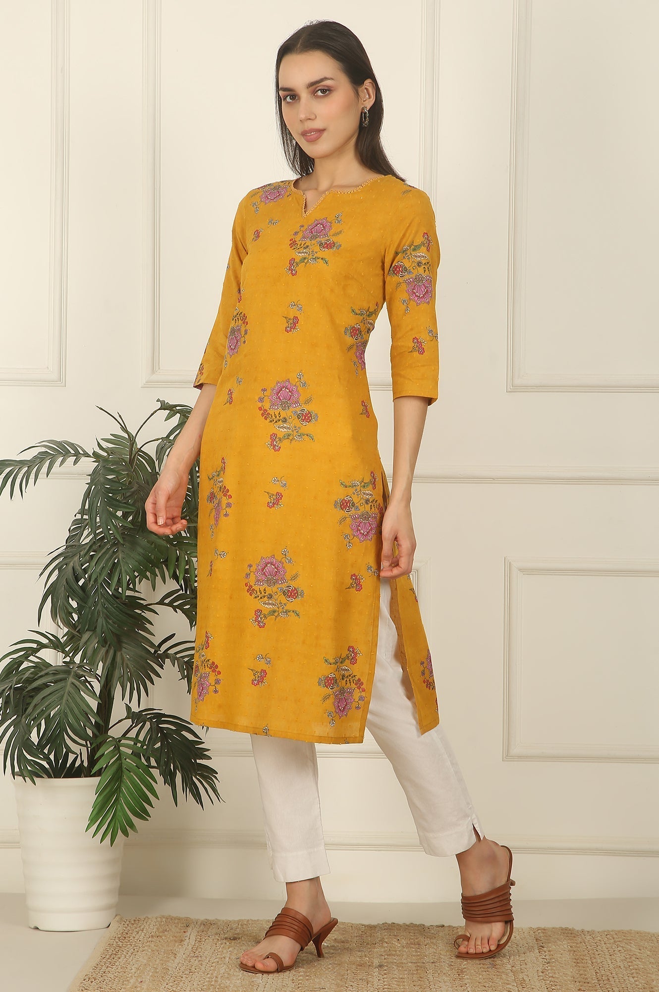 W for Woman Mustard Yellow Swiss Dot Textured Cotton Straight Kurta