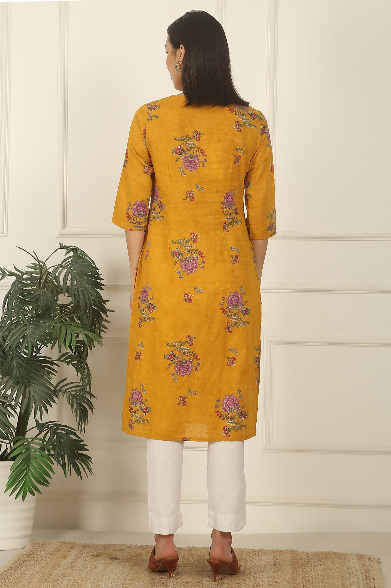 W for Woman Mustard Yellow Swiss Dot Textured Cotton Straight Kurta