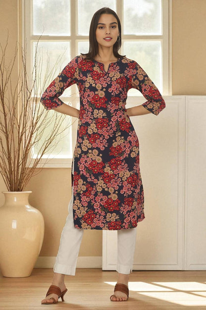 W for Woman Navy Blue Floral Printed Textured Cotton Straight Summer Kurta