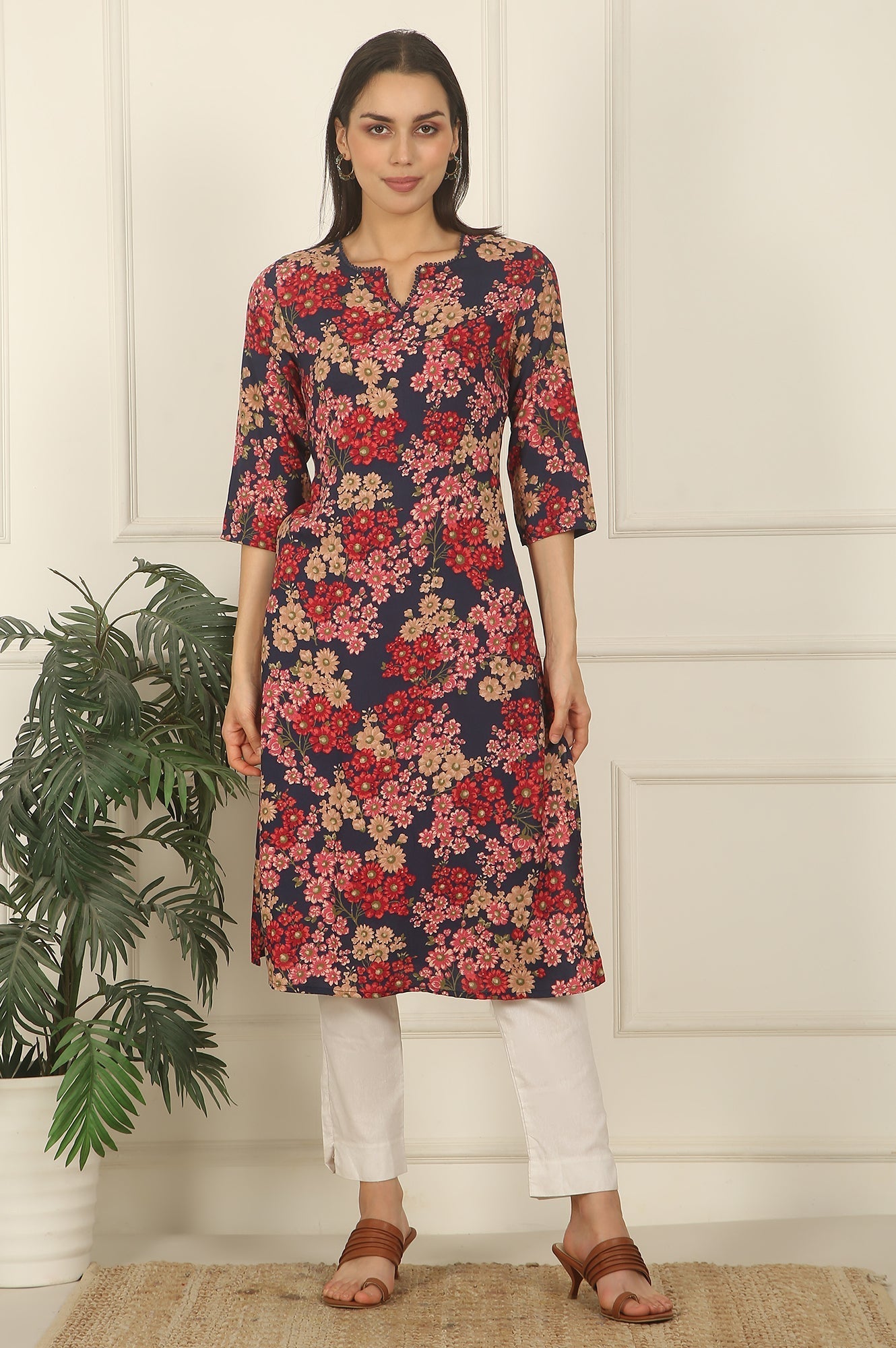 W for Woman Navy Blue Floral Printed Textured Cotton Straight Summer Kurta
