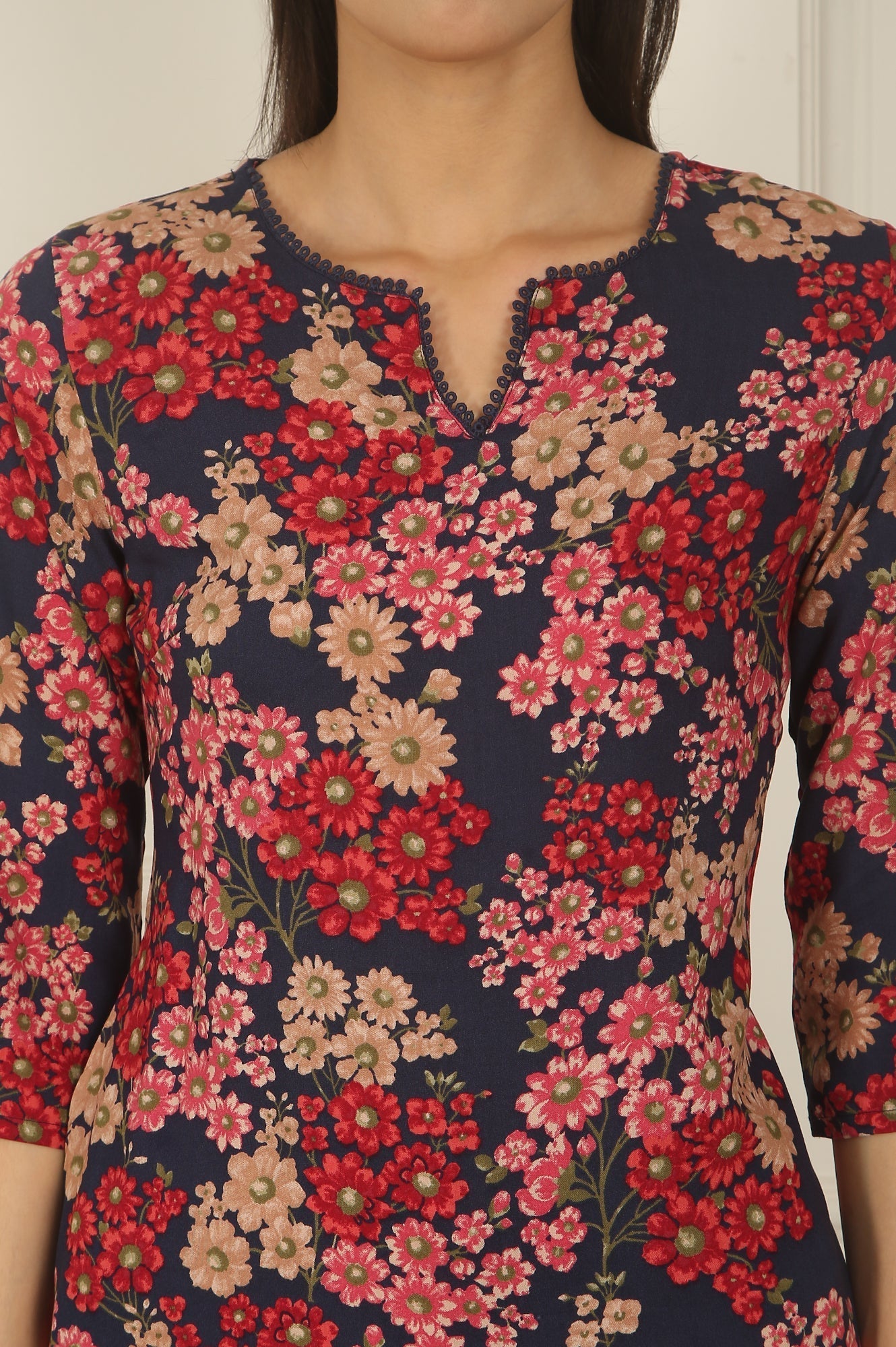 W for Woman Navy Blue Floral Printed Textured Cotton Straight Summer Kurta