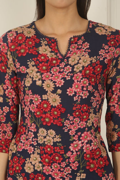 W for Woman Navy Blue Floral Printed Textured Cotton Straight Summer Kurta